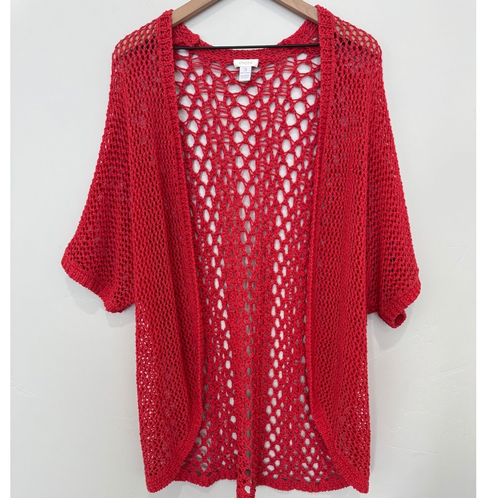 Chico's Open-Weave Crochet Short-Sleeve Cardigan in Red